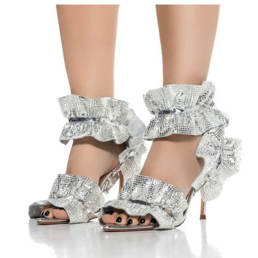 FSJ Open Toe Rhinestone Ruffle Stiletto Heeled Sandals in Silver